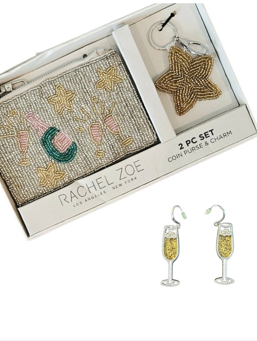 Viral Rachel Zoe Beaded Champagne Coin Purse & Charm Set + Champagne Earrings🥂
